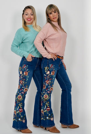 Pantalón vaqueros con flores bordadas "VALENCIA"