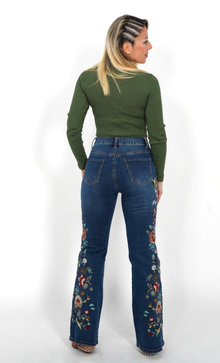 Pantalón vaqueros con flores bordadas "VALENCIA"