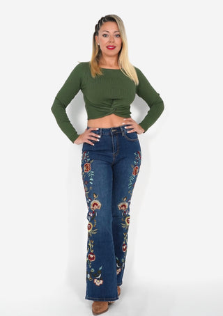 Pantalón vaqueros con flores bordadas "VALENCIA"