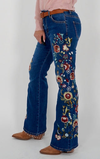 Pantalón vaqueros con flores bordadas "VALENCIA"